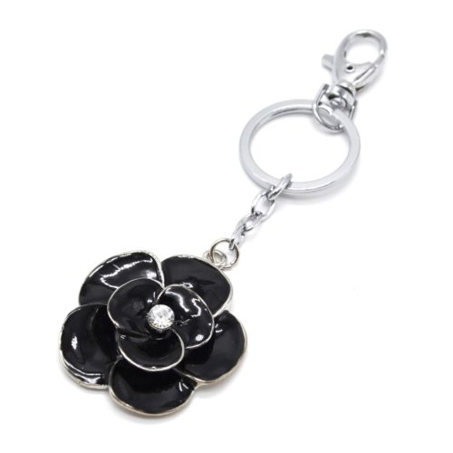 Porte-Cles-Bijou-de-Sac-Fleur-Email-Noir-Metal-Argente-et-Strass