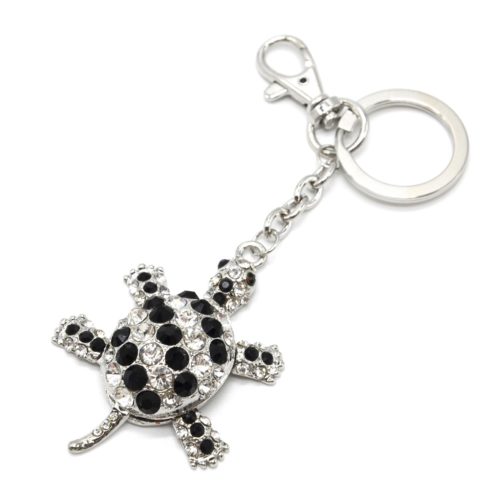 Porte-Cles-Bijou-de-Sac-Tortue-Metal-Argente-et-Strass-Noir-Blanc