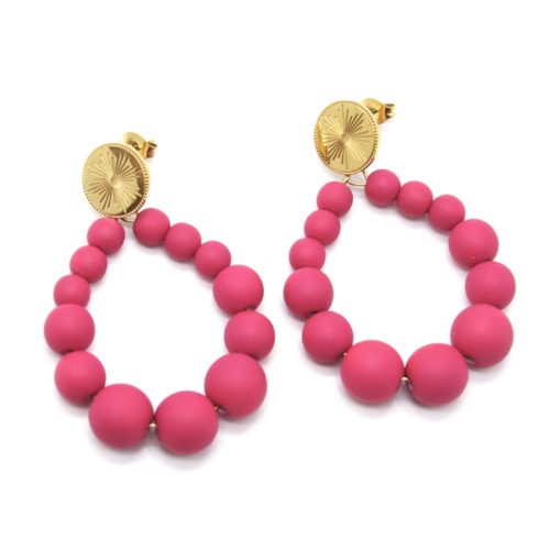 Boucles-dOreilles-Medaille-Acier-Dore-et-Goutte-Petites-Perles-Fuchsia-Mat