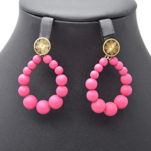 Boucles-dOreilles-Medaille-Acier-Dore-et-Goutte-Petites-Perles-Fuchsia-Mat