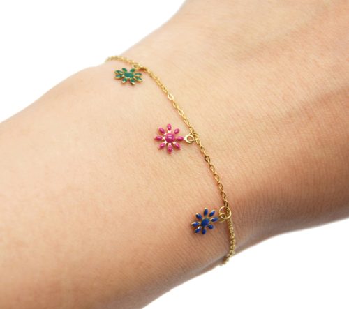 Bracelet-Chaine-Acier-Dore-avec-Fleurs-Email-Multicolore