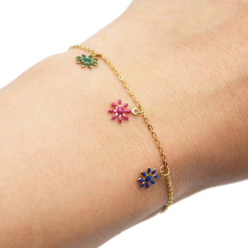 Bracelet-Chaine-Acier-Dore-avec-Fleurs-Email-Multicolore