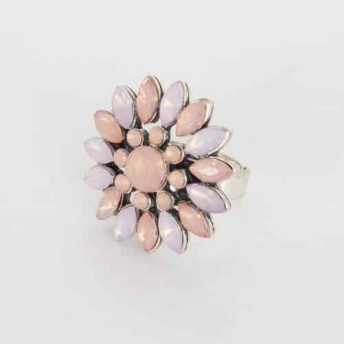 Bague-Anneau-Metal-Argente-avec-Fleur-Pierres-Rose-Pale