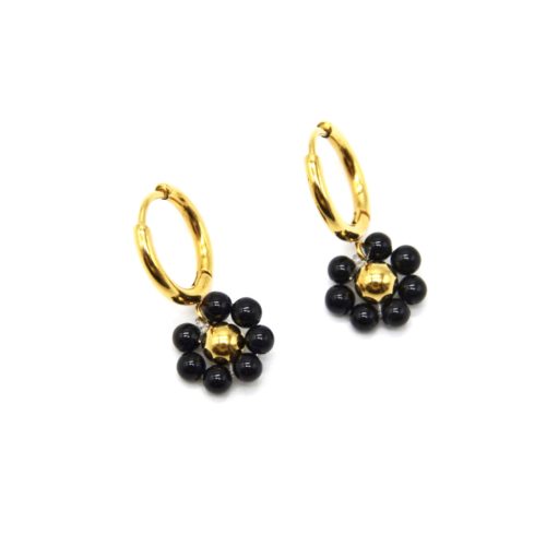 Boucles-dOreilles-Mini-Creoles-avec-Fleur-Pierres-Noires-et-Bille-Acier-Dore