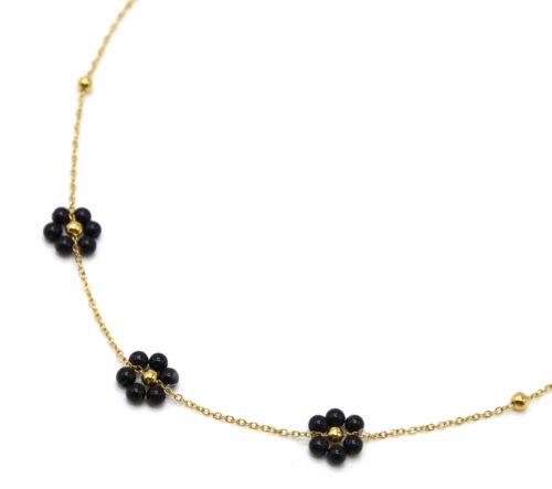 Collier-Chaine-Billes-Pendentif-3-Fleurs-Pierres-Noires-et-Acier-Dore