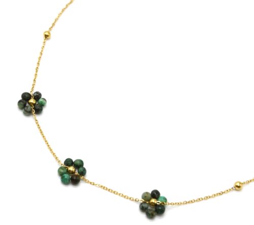 Collier-Chaine-Billes-Pendentif-3-Fleurs-Pierres-Vertes-et-Acier-Dore