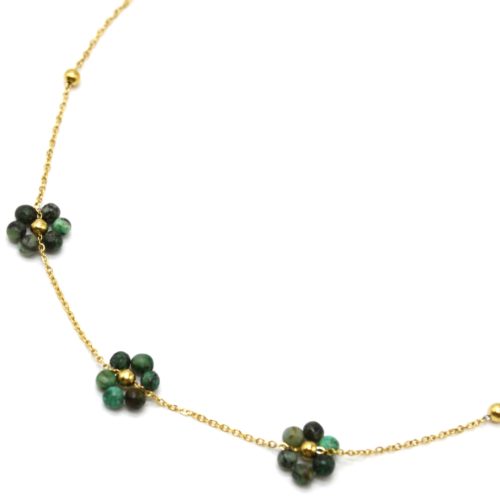 Collier-Chaine-Billes-Pendentif-3-Fleurs-Pierres-Vertes-et-Acier-Dore