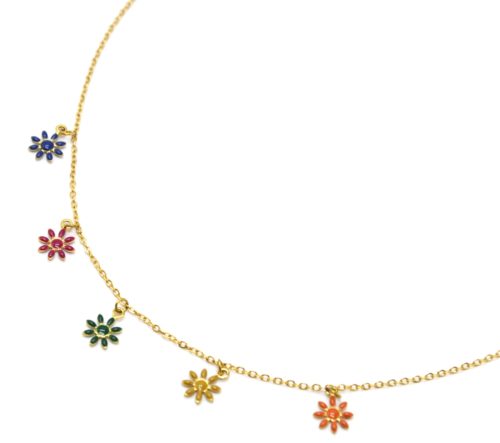 Collier-Fine-Chaine-Pendentif-5-Fleurs-Email-Multicolore-et-Acier-Dore