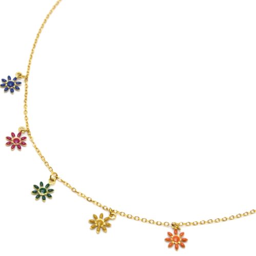 Collier-Fine-Chaine-Pendentif-5-Fleurs-Email-Multicolore-et-Acier-Dore