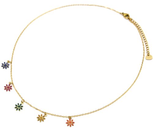 Collier-Fine-Chaine-Pendentif-5-Fleurs-Email-Multicolore-et-Acier-Dore