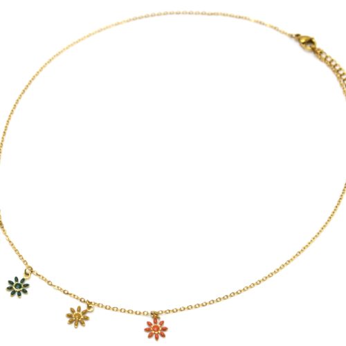 Collier-Fine-Chaine-Pendentif-5-Fleurs-Email-Multicolore-et-Acier-Dore