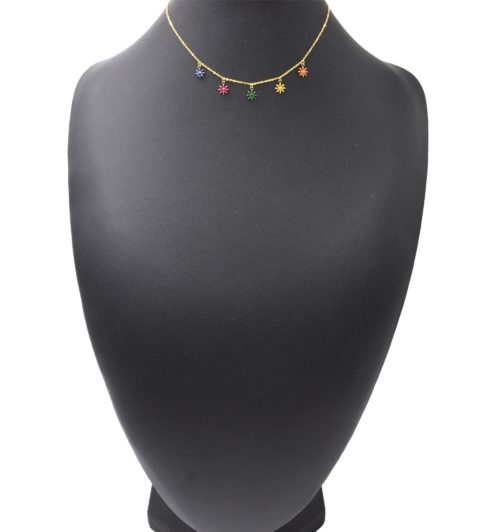 Collier-Fine-Chaine-Pendentif-5-Fleurs-Email-Multicolore-et-Acier-Dore