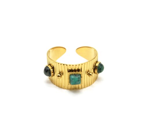 Bague-Large-Rayee-Acier-Dore-et-3-Pierres-Vertes
