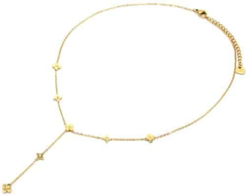 Collier-Chaine-Y-avec-Trefles-Etoiles-Acier-Dore-et-Strass