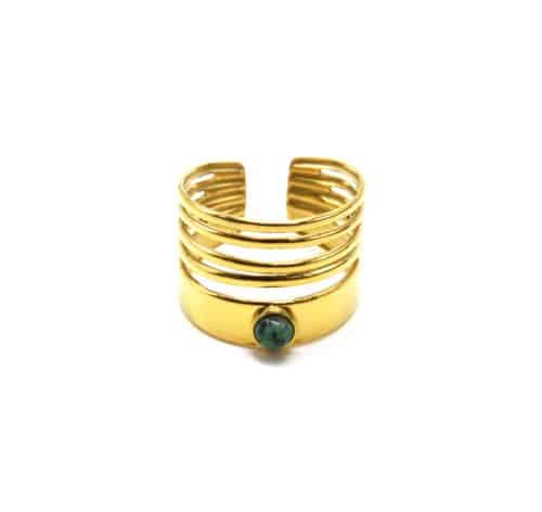 Bague-Multi-Annneaux-Fins-et-Large-Acier-Dore-avec-Pierre-Verte