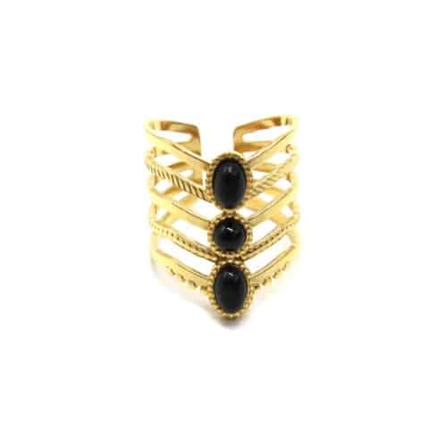 Bague-5-Rangs-Textures-avec-Pierres-Noires-Contour-Points-Acier-Dore