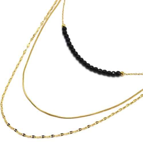 Collier-Triple-Chaines-Serpent-Maillons-Acier-Dore-avec-Pierres-Noires