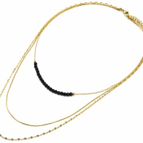 Collier-Triple-Chaines-Serpent-Maillons-Acier-Dore-avec-Pierres-Noires