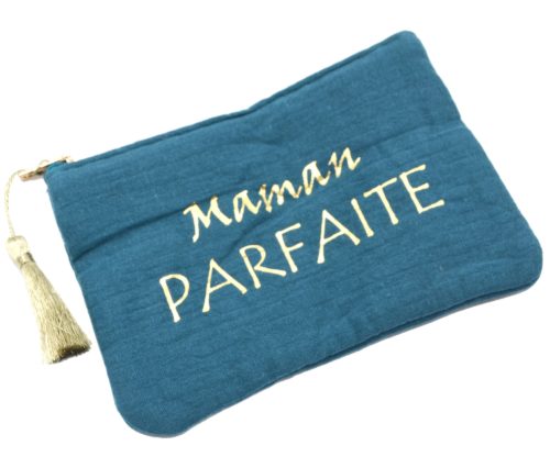 Trousse-Pochette-Coton-Bleu-Canard-Message-Maman-Parfaite-Pompon-Dore