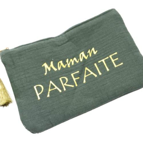 Trousse-Pochette-Coton-Vert-Gris-Message-Maman-Parfaite-Pompon-Dore