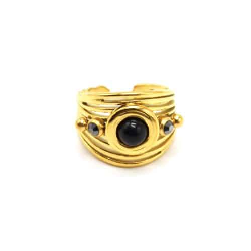 Bague-Manchette-Multi-Rangs-Acier-Dore-avec-Pierre-Ronde-Noire-et-Billes