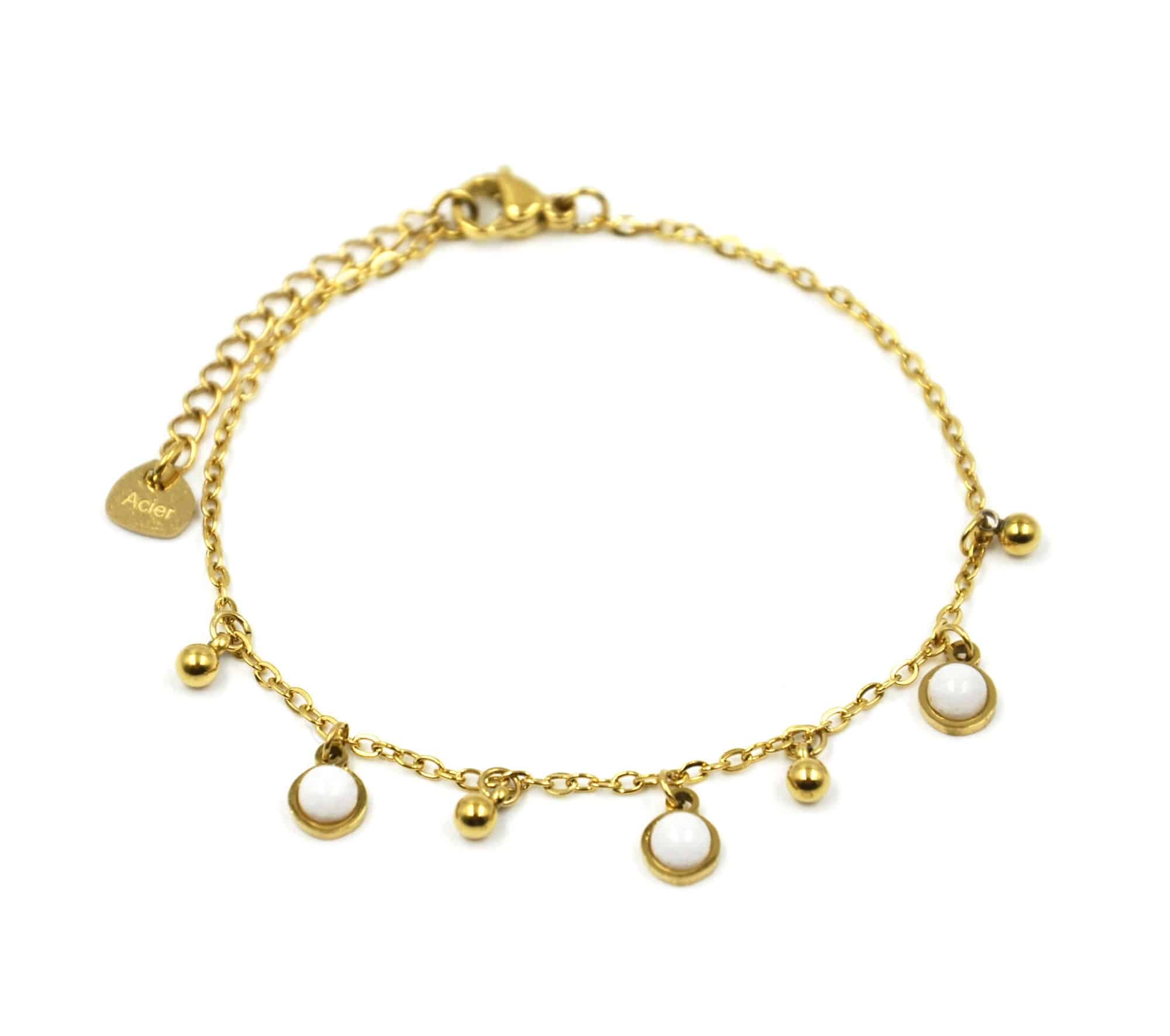 Bracelet-Chaine-avec-Pampilles-Billes-Acier-Dore-et-Pierres-Blanches