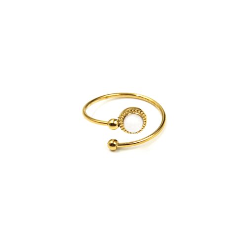 Bague-Anneau-Ouvert-avec-Billes-et-Pierre-Blanche-Contour-Acier-Dore