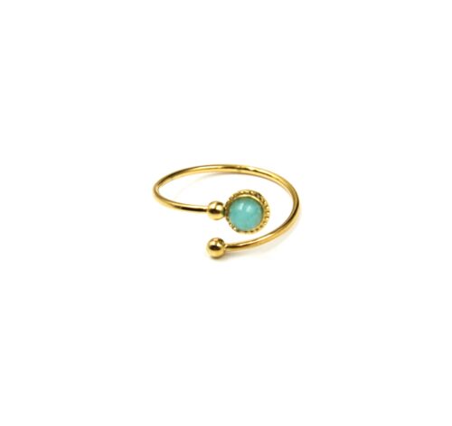 Bague-Anneau-Ouvert-avec-Billes-et-Pierre-Verte-Contour-Acier-Dore