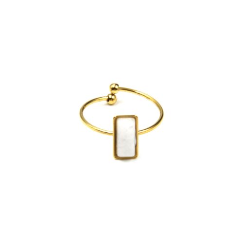 Bague-Anneau-avec-Pierre-Rectangle-Blanche-Contour-Acier-Dore