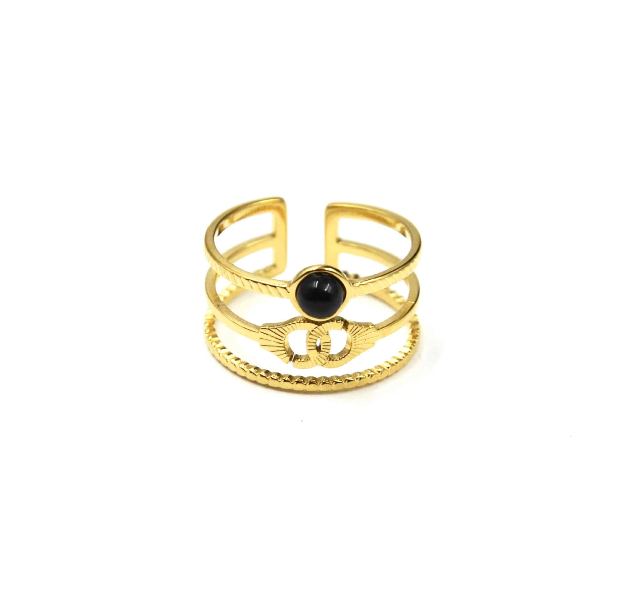 Bague-3-Rangs-avec-Pierre-Noire-Menottes-et-Billes-Acier-Dore