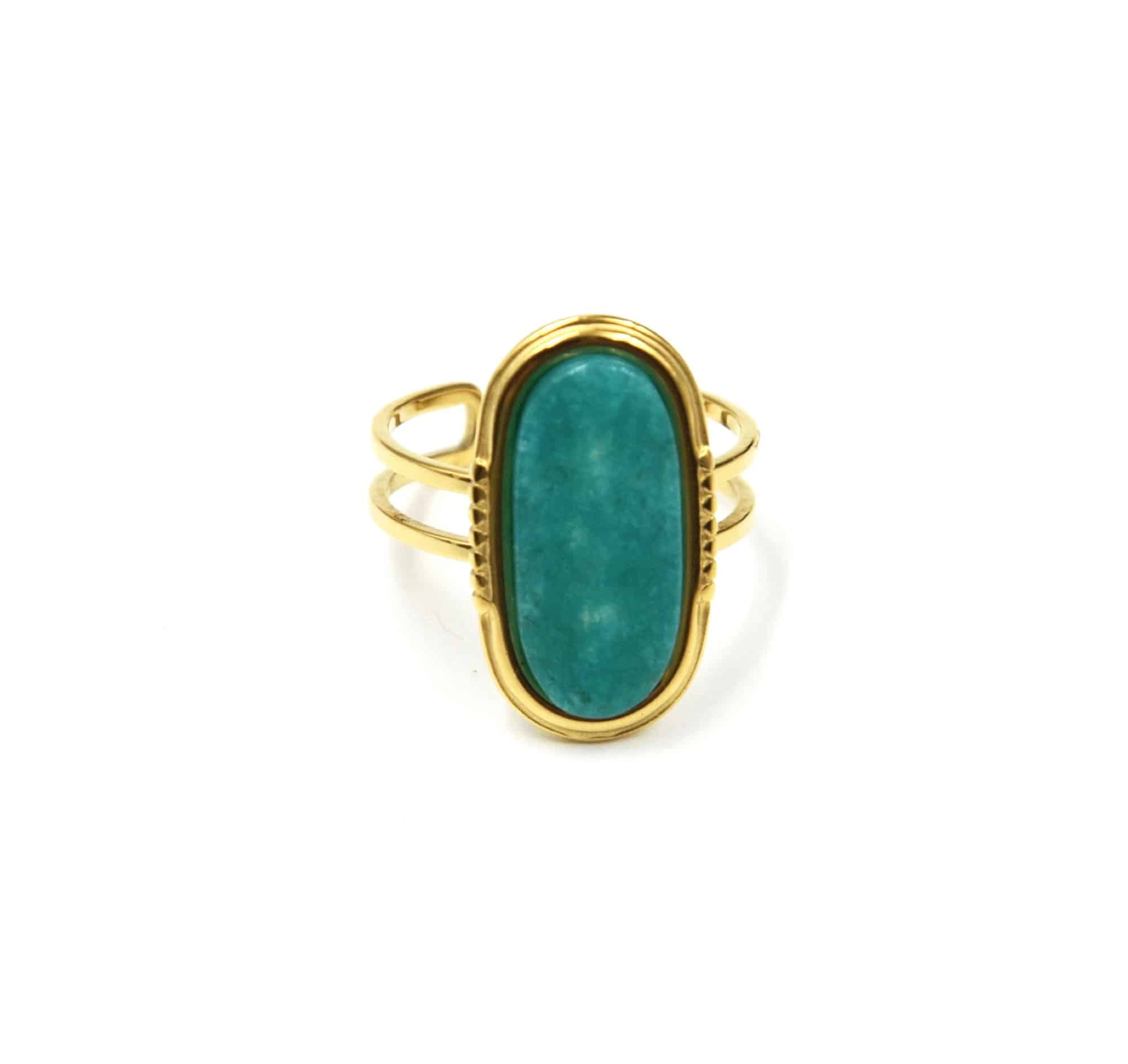 Bague-Anneau-Ajoure-avec-Pierre-Ovale-Verte-Contour-Acier-Dore