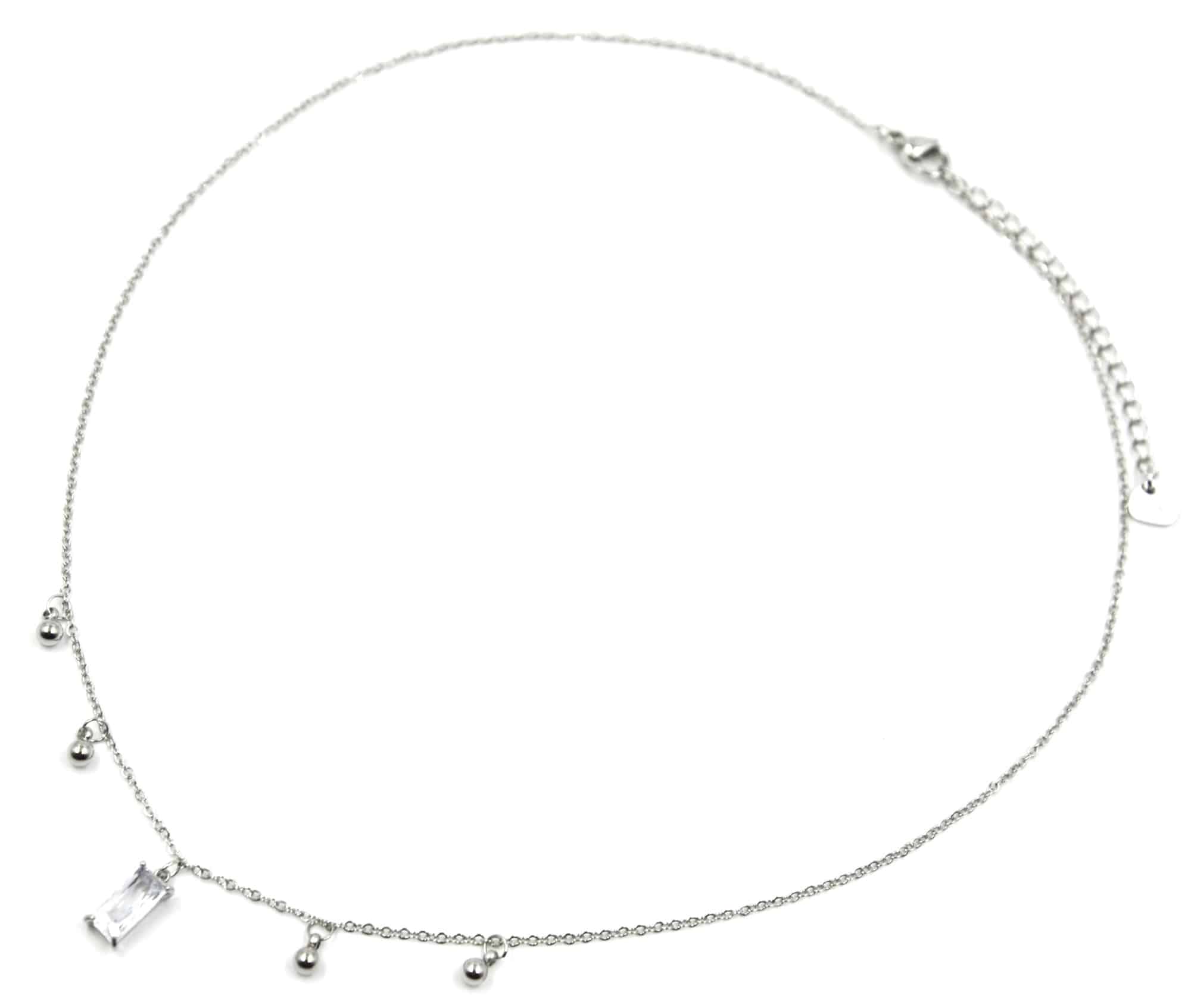 Collier-Fine-Chaine-avec-Billes-Acier-Argente-et-Pierre-Rectangle