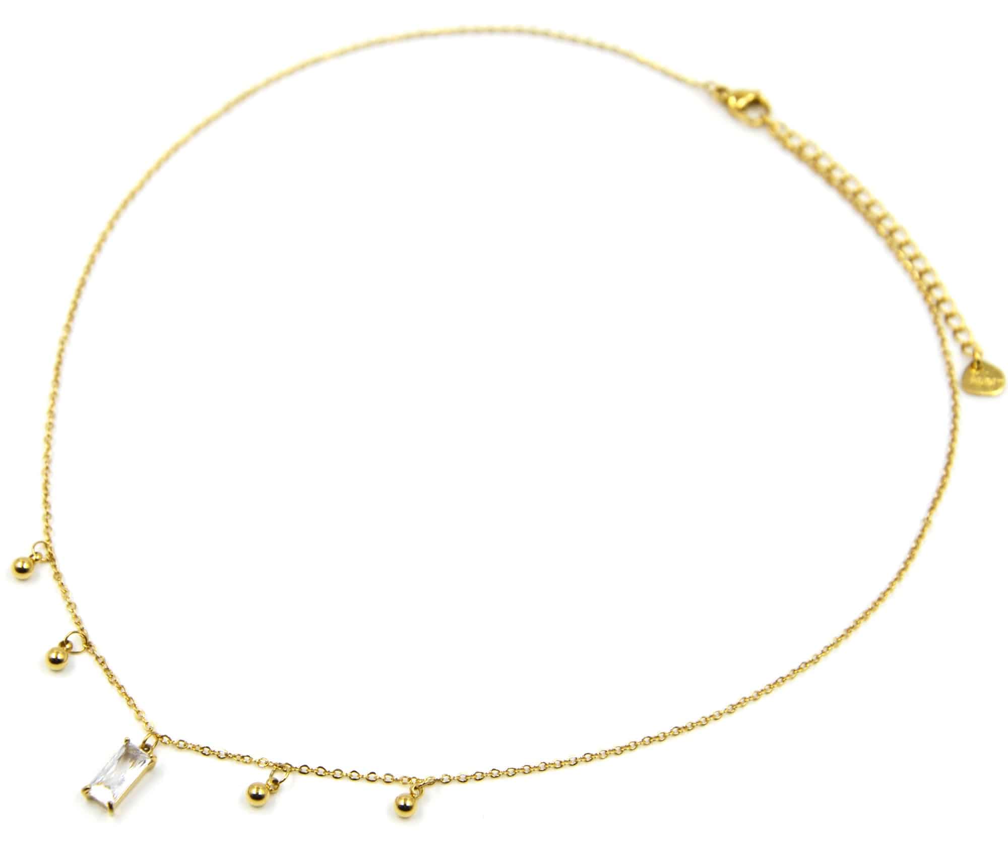 Collier-Fine-Chaine-avec-Billes-Acier-Dore-et-Pierre-Rectangle