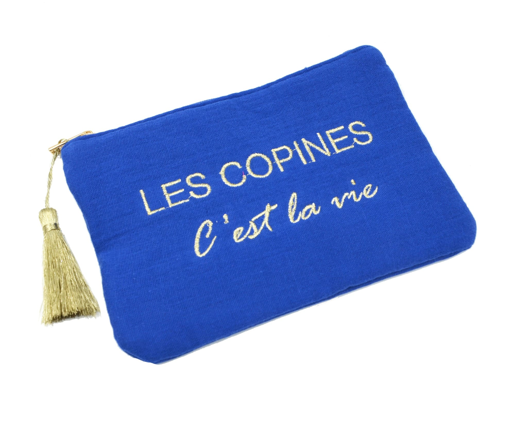Trousse-Pochette-Gaze-Coton-Bleu-Roi-Message-Les-Copines-Cest-La-Vie