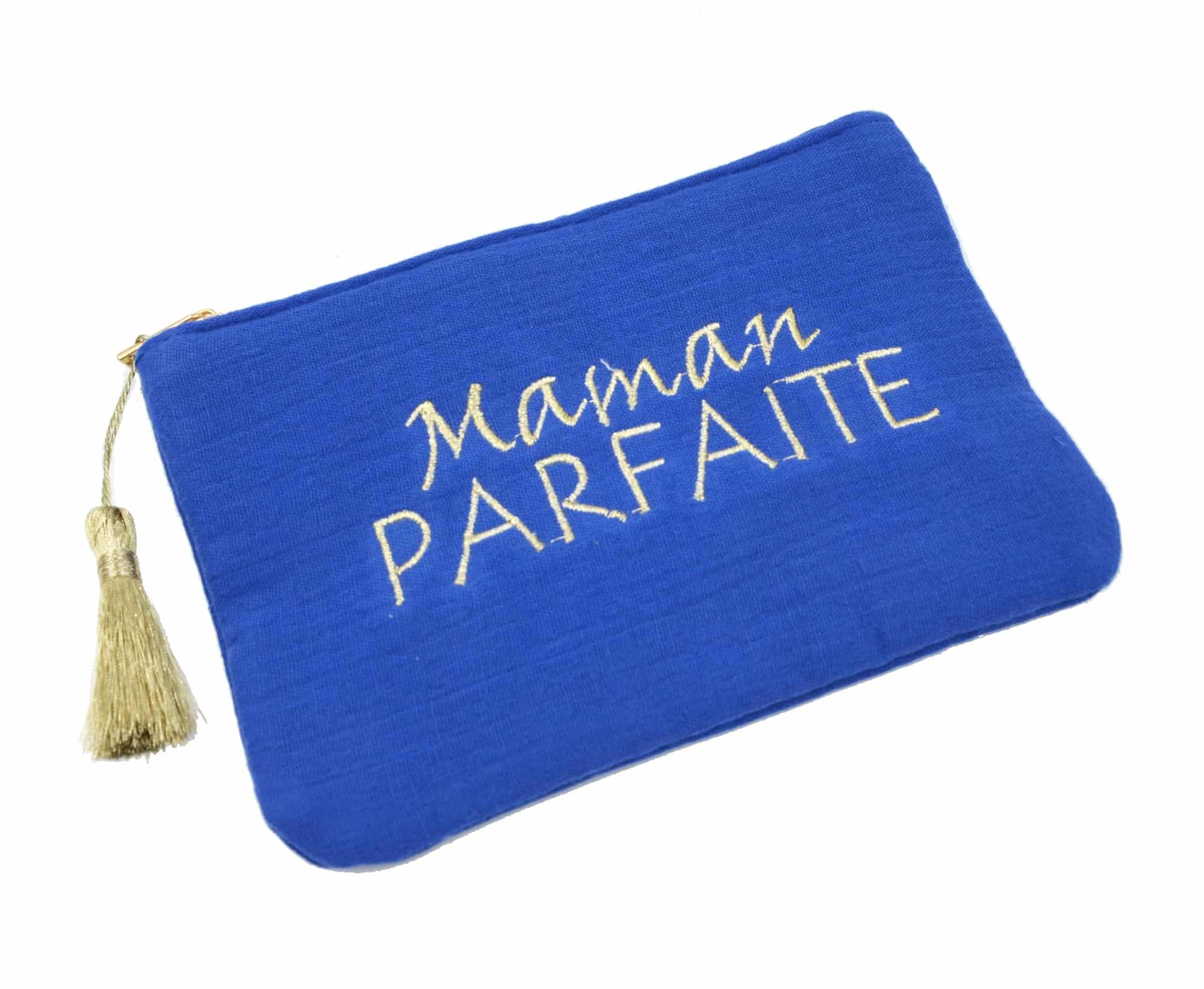 Trousse-Pochette-Gaze-Coton-Bleu-Roi-Message-Brode-Maman-Parfaite