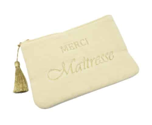 Trousse-Pochette-Gaze-Coton-Beige-Message-Brode-Merci-Maitresse