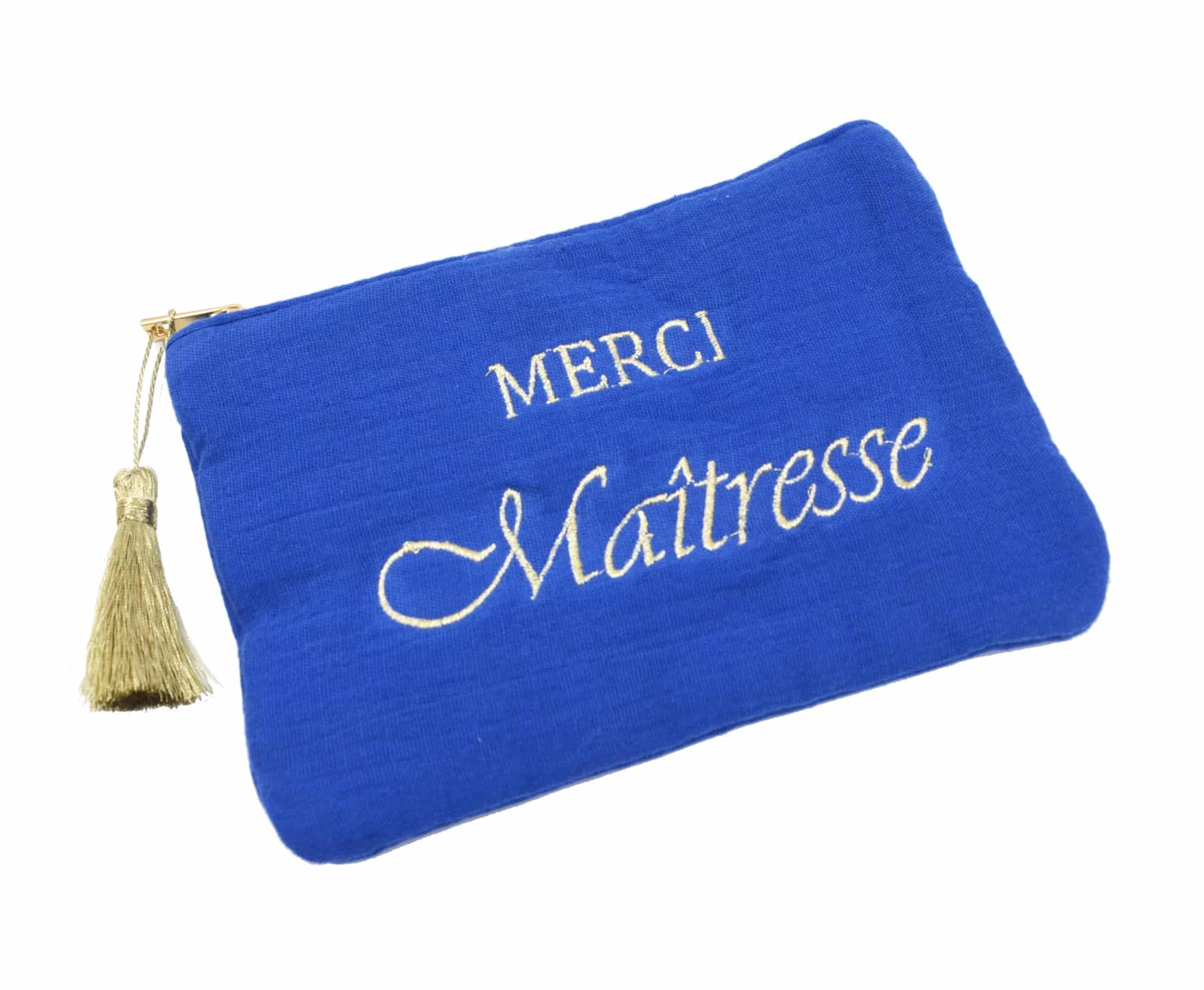 Trousse-Pochette-Gaze-Coton-Bleu-Roi-Message-Brode-Merci-Maitresse