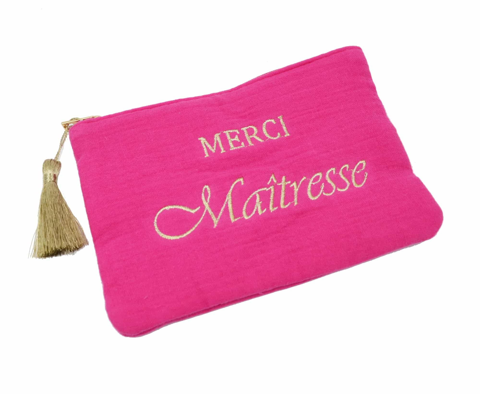 Trousse-Pochette-Gaze-Coton-Fuchsia-Message-Brode-Merci-Maitresse