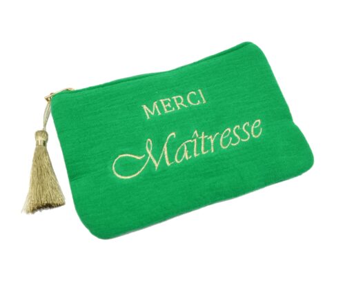 Trousse-Pochette-Gaze-Coton-Vert-Message-Brode-Merci-Maitresse
