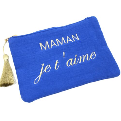 Trousse-Pochette-Gaze-Coton-Bleu-Roi-Message-Brode-Maman-Je-Taime