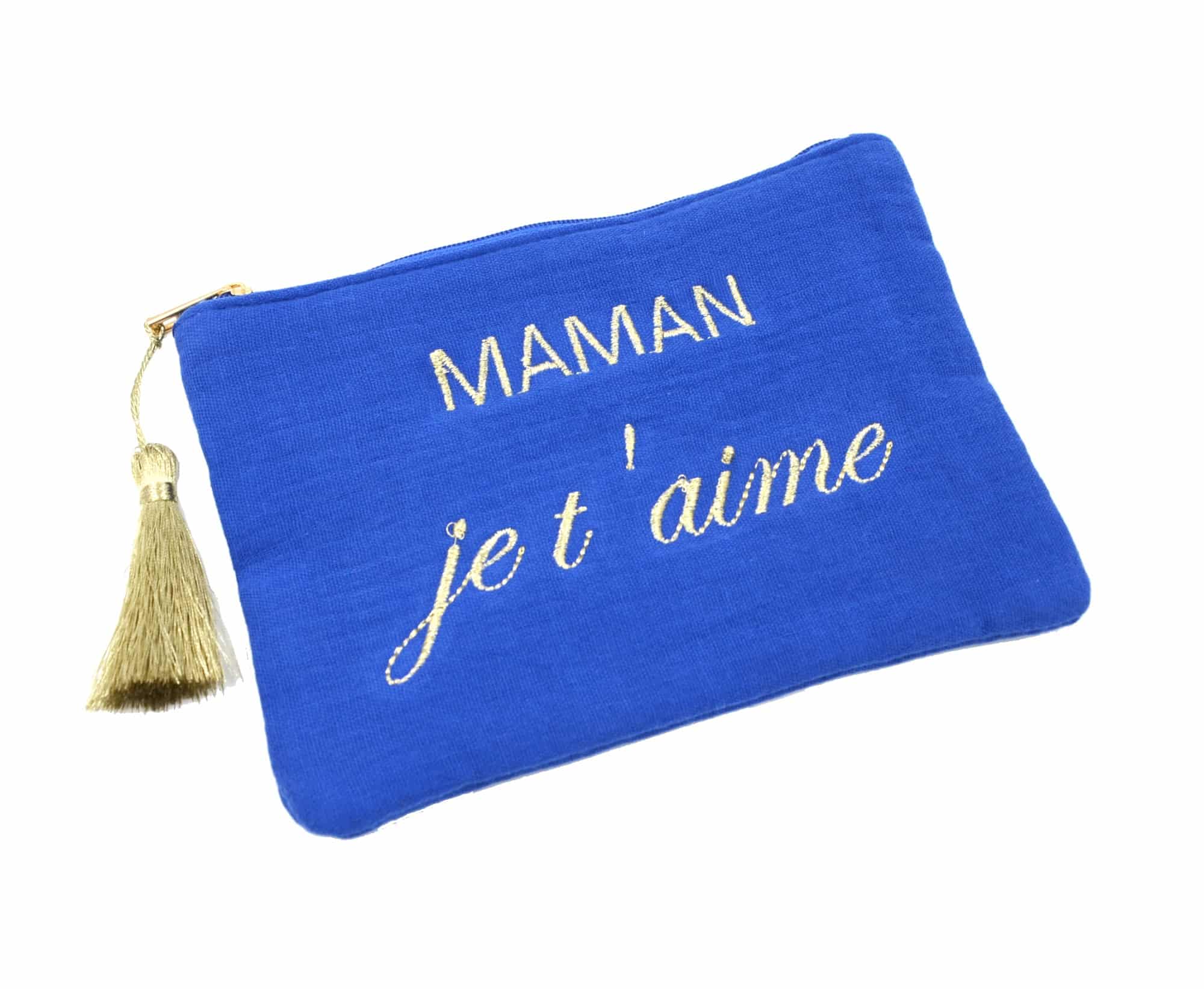 Trousse-Pochette-Gaze-Coton-Bleu-Roi-Message-Brode-Maman-Je-Taime