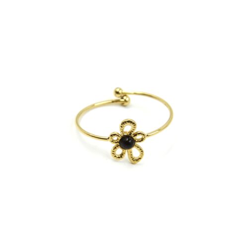 Bague-avec-Fleur-Contour-Acier-Dore-et-Pierre-Noire
