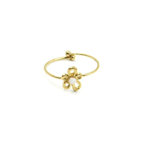 Bague-avec-Fleur-Contour-Acier-Dore-et-Pierre-Blanche