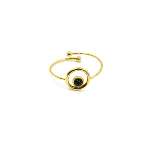 Bague-avec-Cercle-Contour-Acier-Dore-et-Pierre-Noire