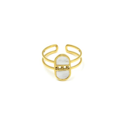 Bague-Anneau-Ajoure-avec-Pierre-Ovale-Nacre-et-Billes-Acier-Dore