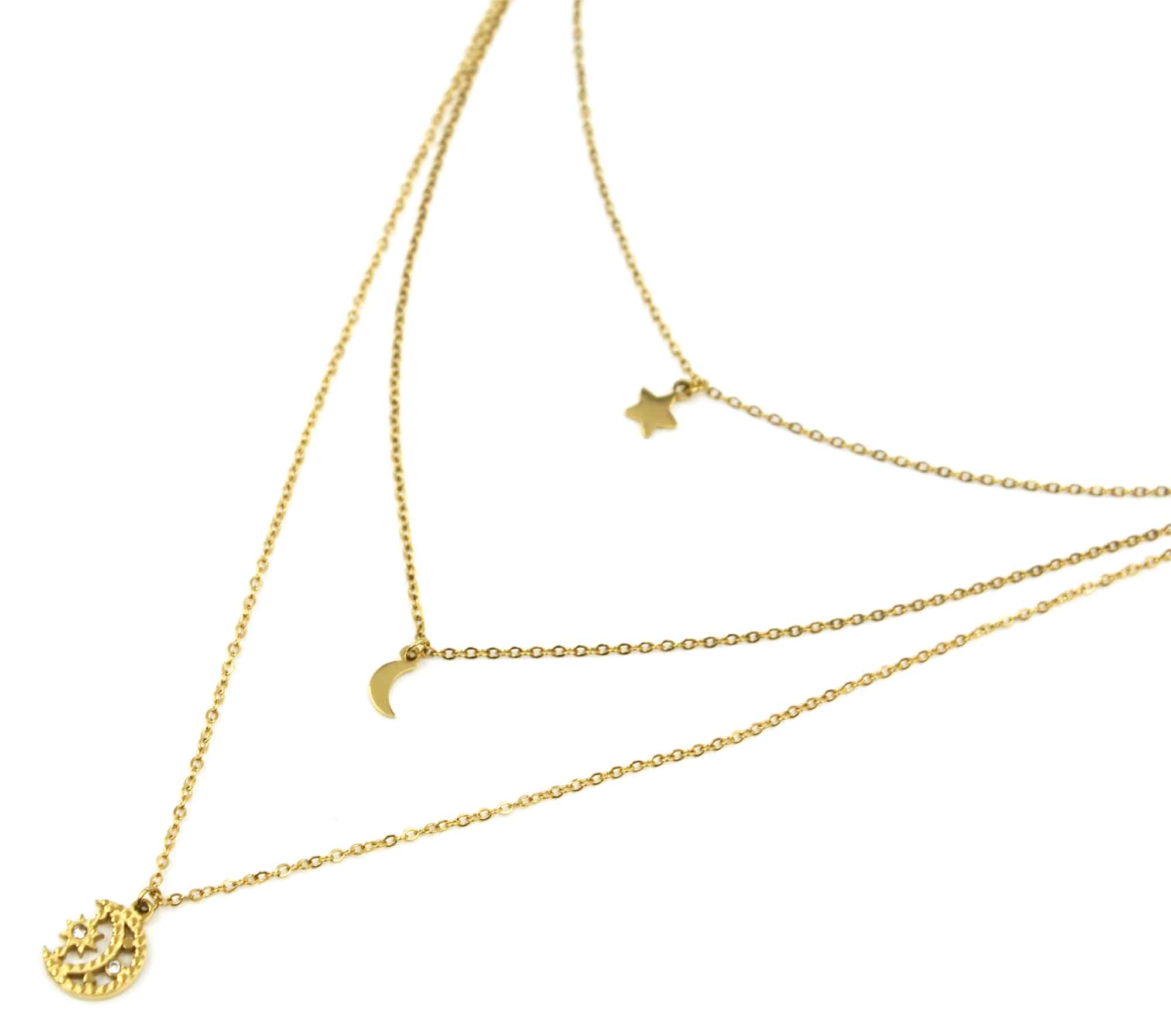 Collier-Triple-Chaines-Pendentifs-Etoiles-et-Lunes-Acier-Dore-avec-Strass