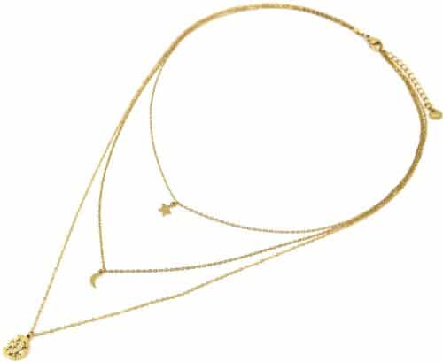 Collier-Triple-Chaines-Pendentifs-Etoiles-et-Lunes-Acier-Dore-avec-Strass