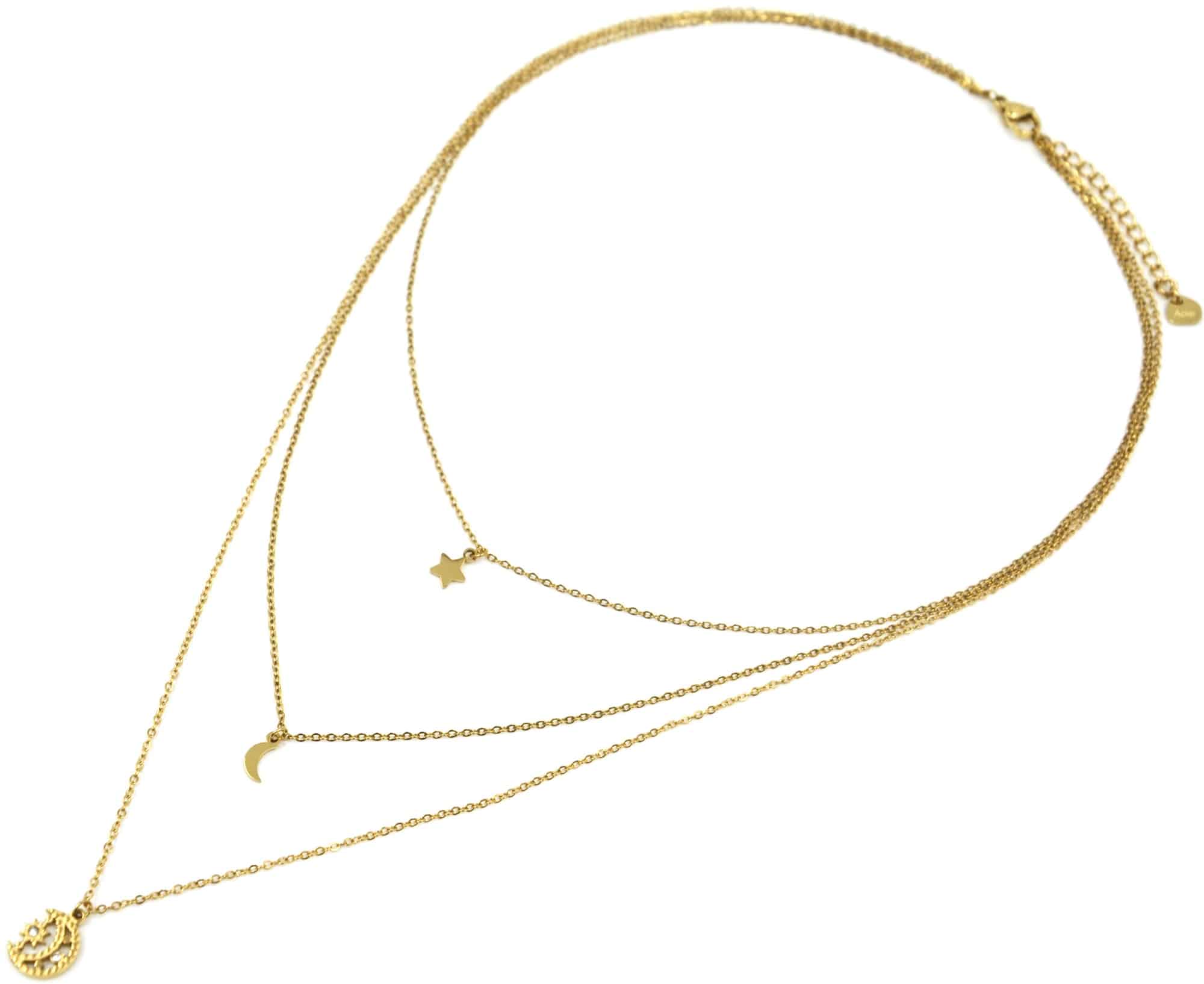 Collier-Triple-Chaines-Pendentifs-Etoiles-et-Lunes-Acier-Dore-avec-Strass