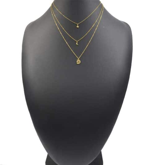 Collier-Triple-Chaines-Pendentifs-Etoiles-et-Lunes-Acier-Dore-avec-Strass