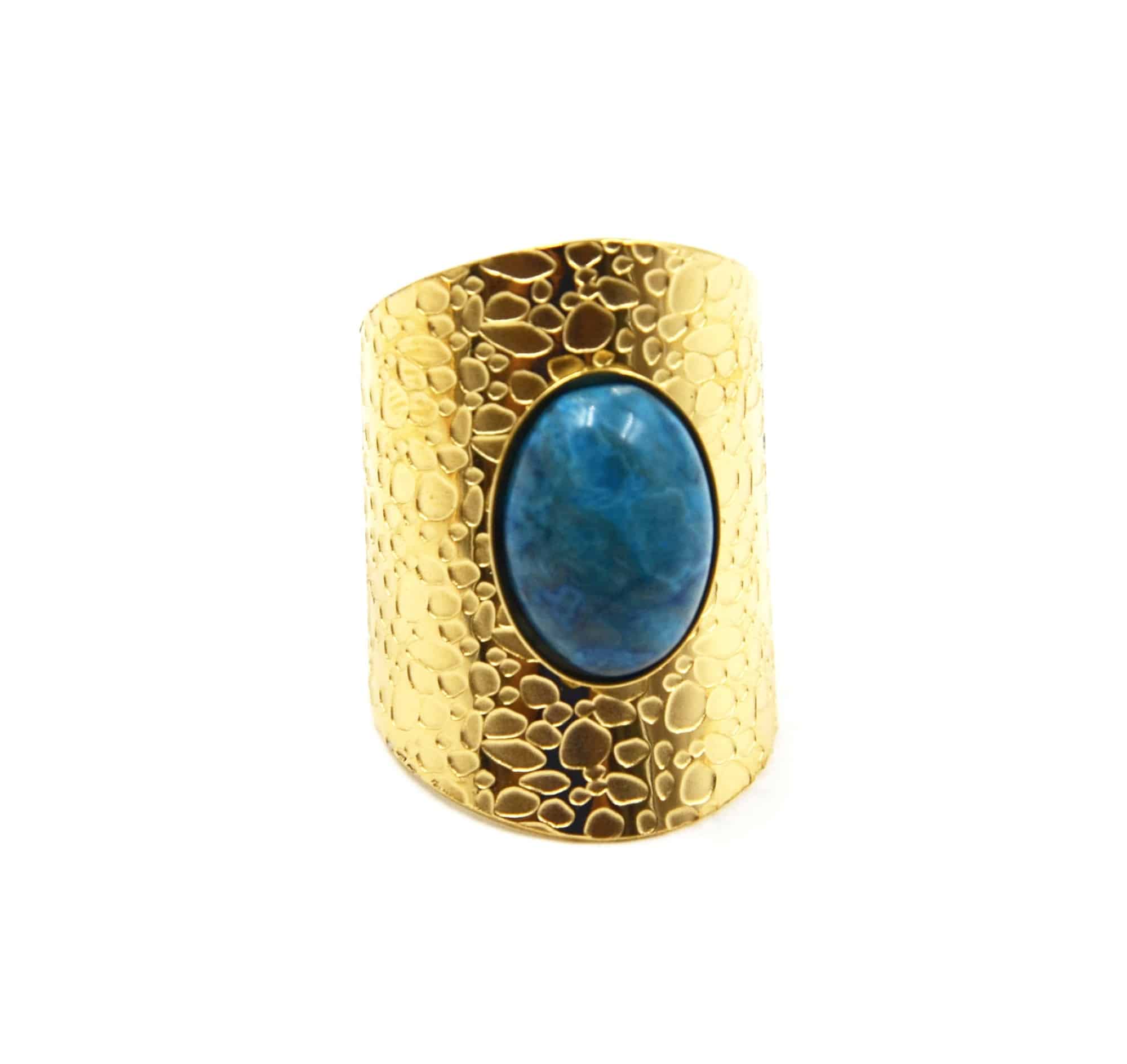 Bague-Manchette-Motif-Ecailles-Acier-Dore-avec-Pierre-Ovale-Bleue